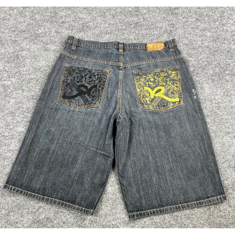 Rocawear Mens 40 Baggy Denim Shorts Charcoal Grey Yellow Embroidered Hip Hop Y2K